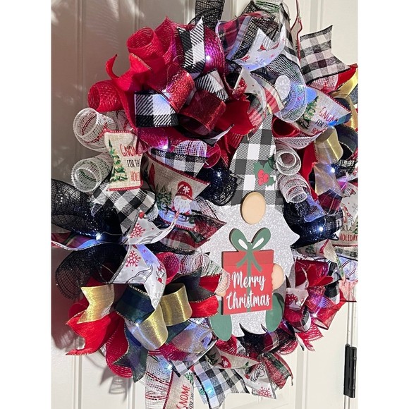 Handmade Merry Christmas Gnome Holiday Ribbon Door Wreath 22 ins W44 - Picture 3 of 12